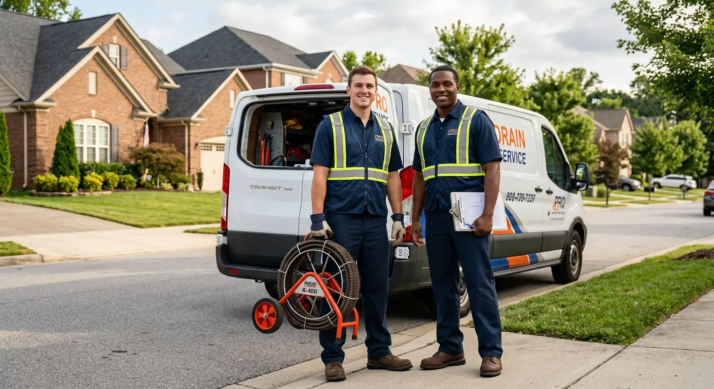Sewer and drain service team with equipment ready for work in Highland Park