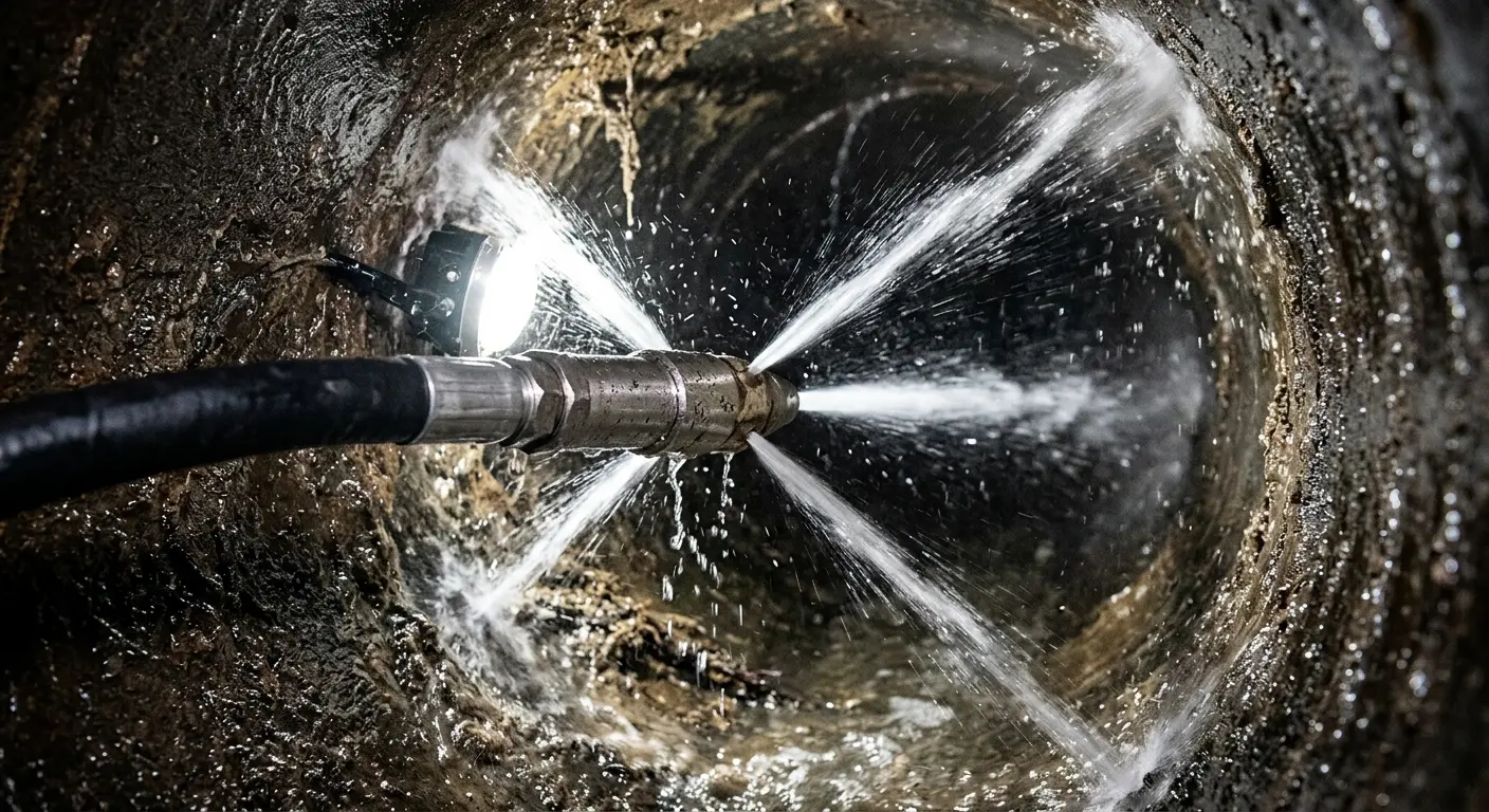 High-pressure hydro jetting nozzle cleaning sewer pipe for Emergency Drain Service in Highland Park